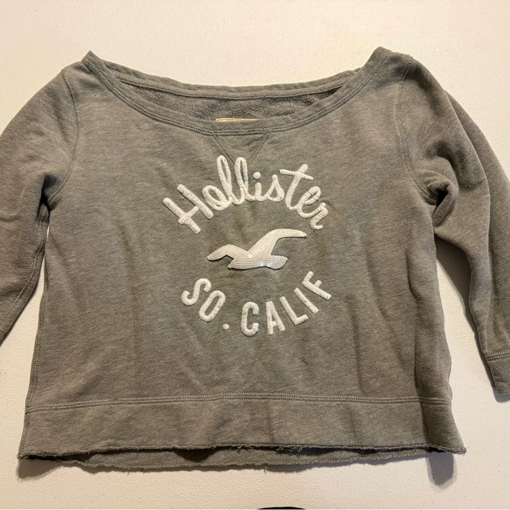VTG Hollister Cropped Sequins Seagull Embroidered Grey 3/4 Sleeve Pullover Y2K
